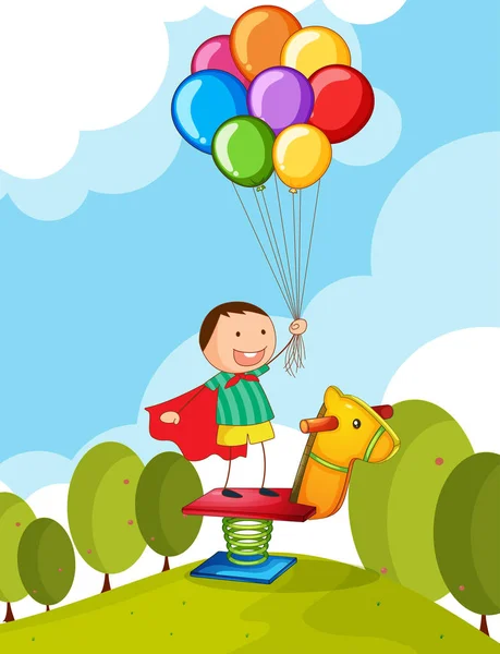 Niño sosteniendo globos de colores en el parque — Vector de stock