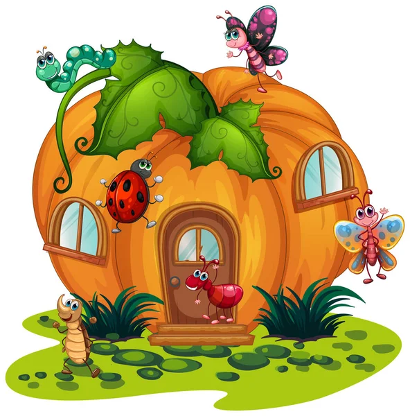 Pumpkin house with many bugs — Stock Vector