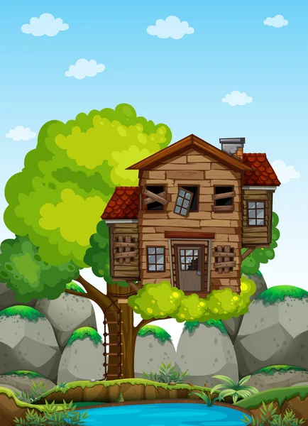 Eski ahşap treehouse ağaç üzerinde — Stok Vektör