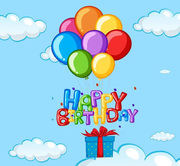 Happy Birthday kaart met ballonnen en aanwezig — Stockvector