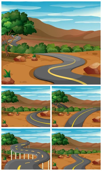 Five scenes with road to the mountains — Stock Vector