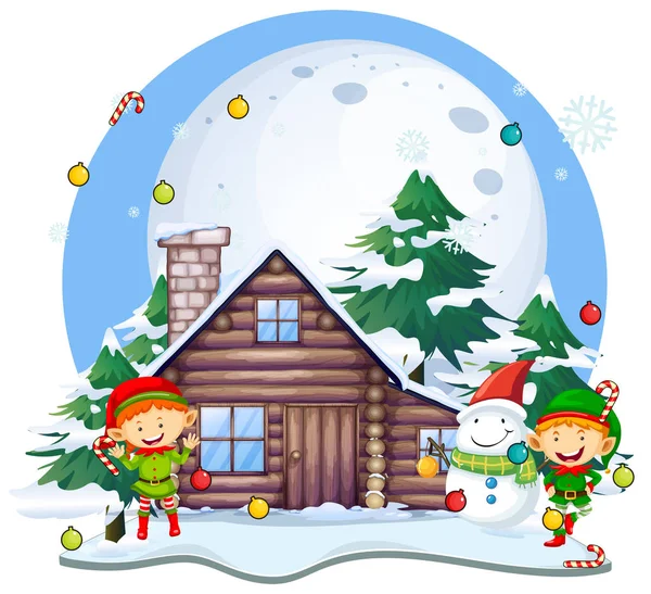 Weihnachtselfen und Schneemann bei der Hütte — Stockvektor