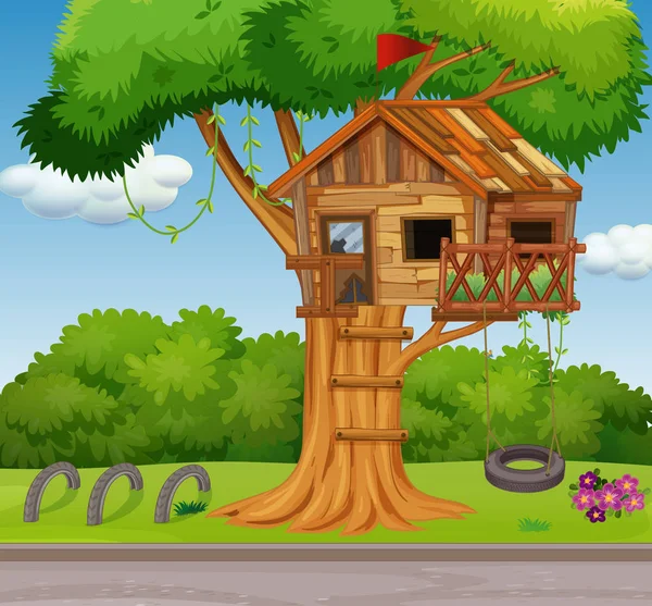 Vecchia casa sull'albero e altalena nel parco — Vettoriale Stock