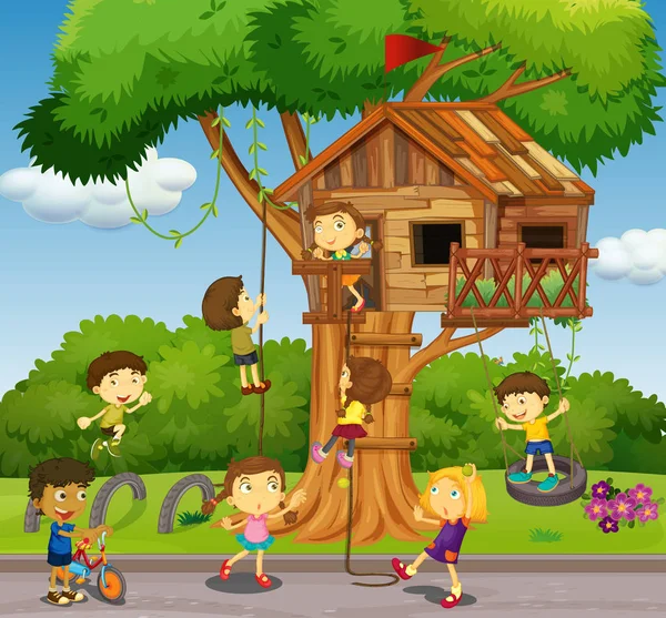A treehouse a parkban játszó gyerekeket — Stock Vector