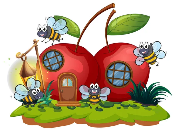 Casa de cerezo y muchas abejas volando — Vector de stock