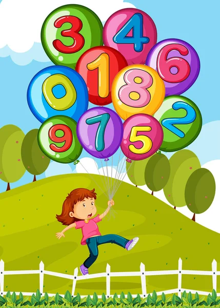 Globos con números y niña en el parque — Vector de stock