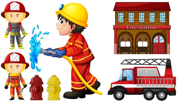 Firefighters and fire station — Stock Vector