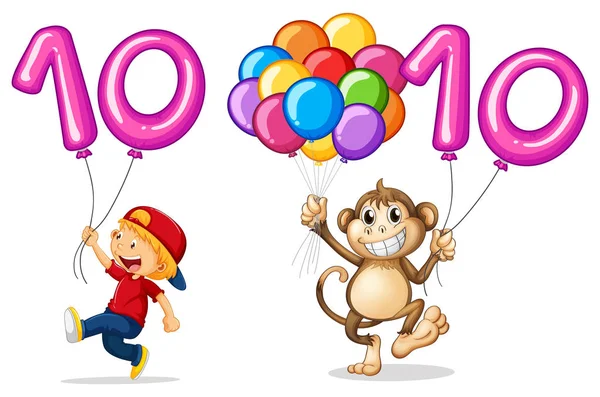 Garçon et singe avec ballon pour le numéro 10 — Image vectorielle