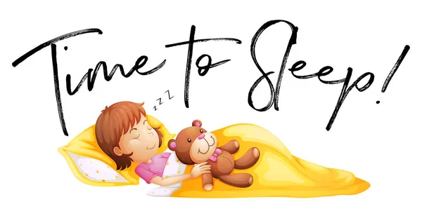 Phrase time to sleep with little girl in bed — Stock Vector