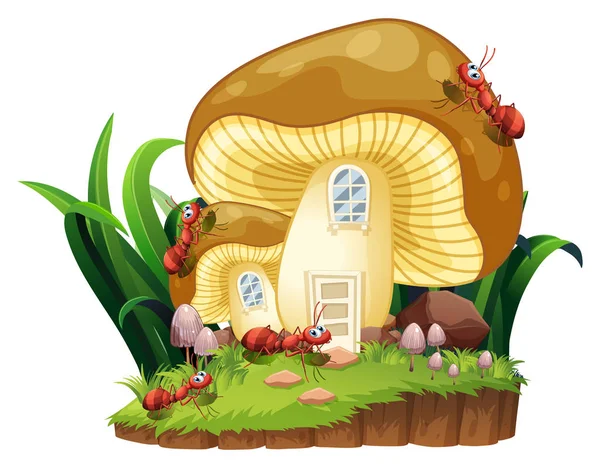 Red ants and mushroom house in garden — Stock Vector