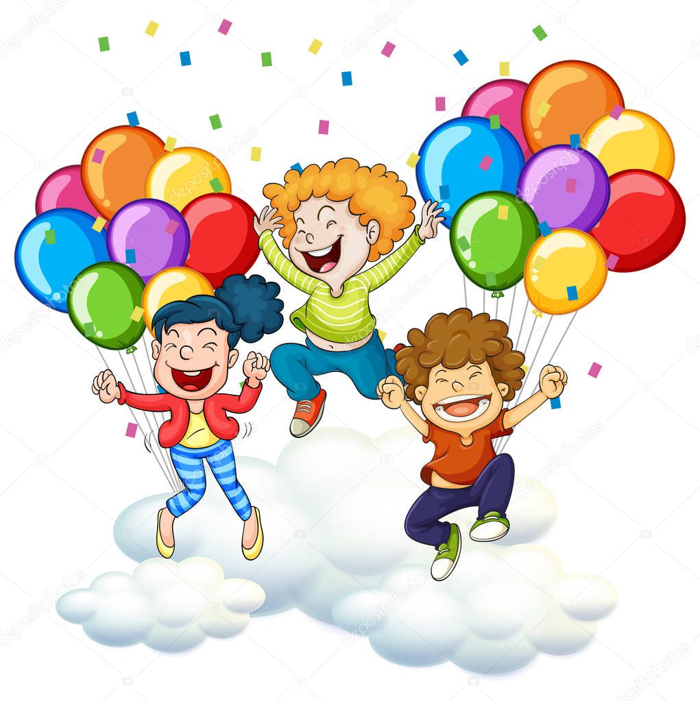 Three happy kids with colorful balloons