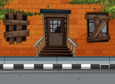 Neighborhood scene with ruined building along the road clipart
