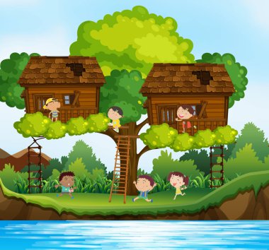 Pek çok çocuk treehouses ağaç üzerinde oynamak