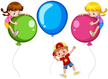 Büyük balonlarla üç çocuk