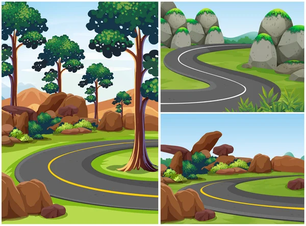 Tři silniční scény se stromy podél — Stockový vektor
