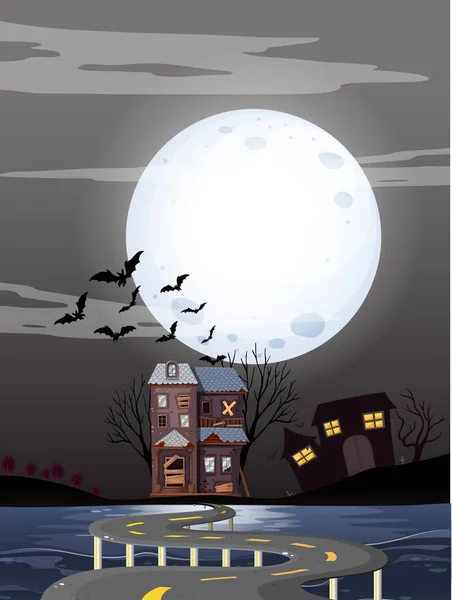 Spookhuizen huizen op fullmoon nacht — Stockvector