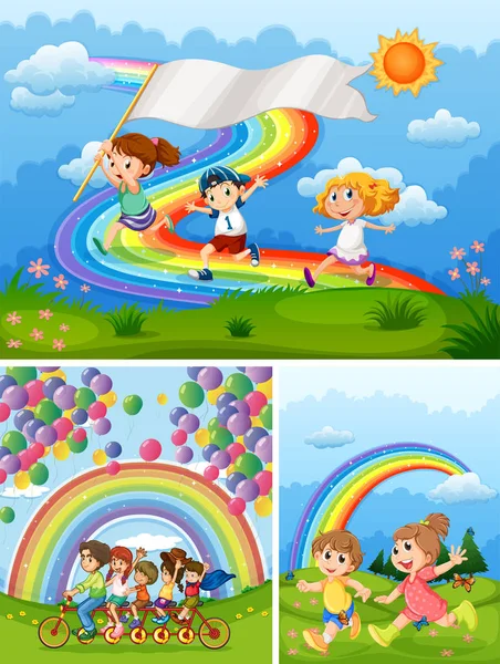 Happy people in park with rainbow in background — Stock Vector