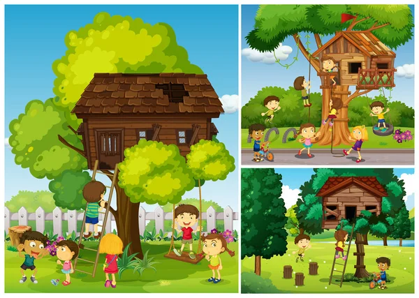 Childern jugando en la casa del árbol — Vector de stock