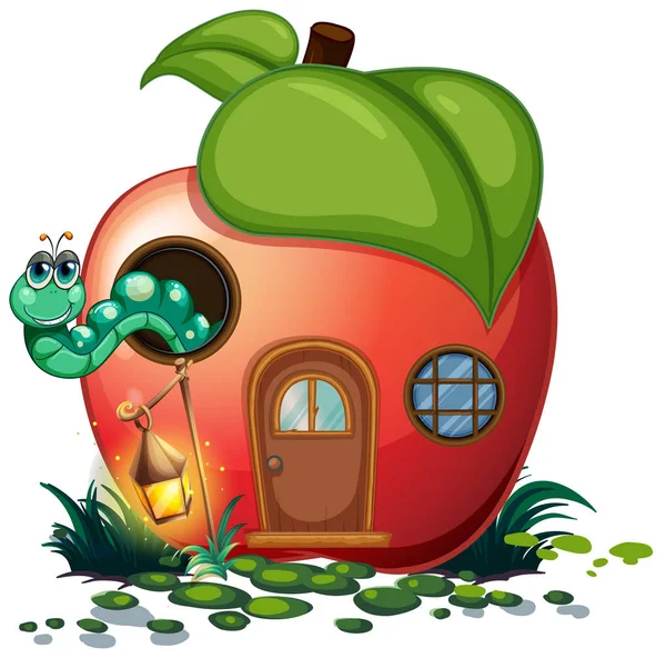 Casa de manzana con oruga en el interior — Vector de stock