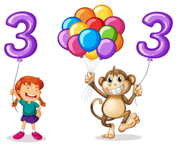 Girl and monkey with balloon number three — Stock Vector