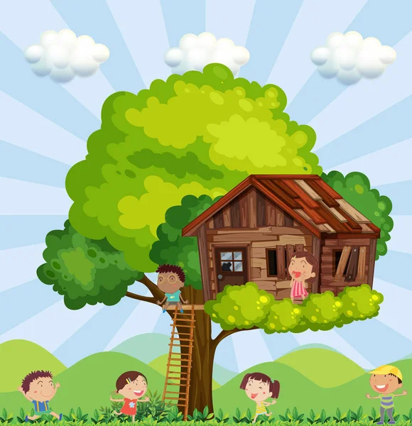 Molti bambini che giocano nella casa sull'albero — Vettoriale Stock