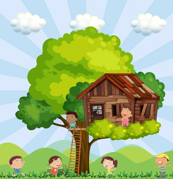 Birçok çocuk treehouse içinde oyun