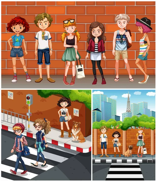 Neighborhood scenes with teenagers — Stock Vector