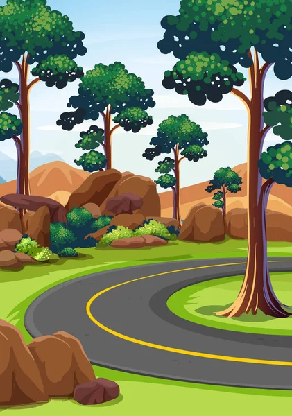 Escena de la naturaleza con carretera y bosque — Vector de stock