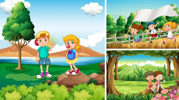 Three scenes with children in countryside — Stock Vector