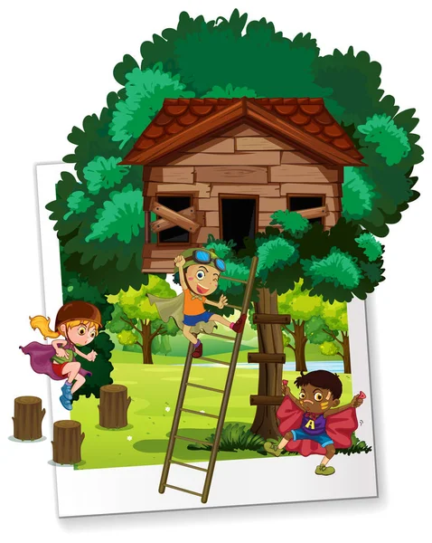 Фотография с детьми в домике на дереве — стоковый вектор