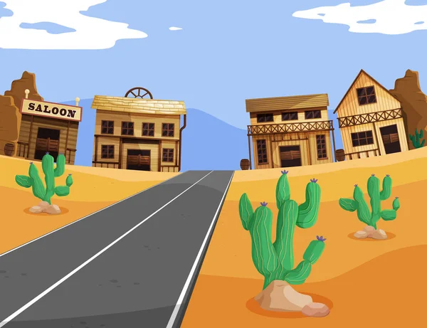 Westerse scène met gebouwen en over de weg — Stockvector