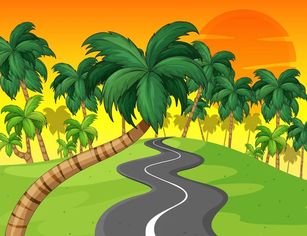 Пальмовый лес и пустая дорога — стоковый вектор