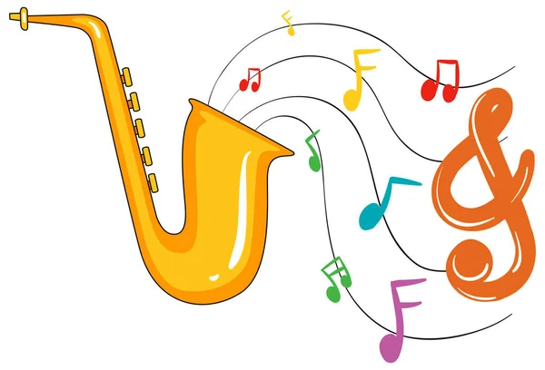 Saxofón dorado y notas musicales de fondo — Vector de stock