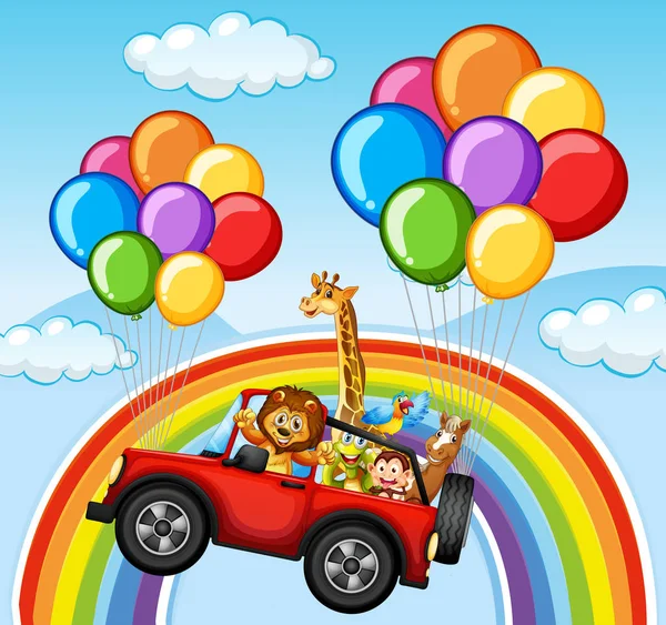 Animales salvajes en jeep sobre el arco iris — Vector de stock