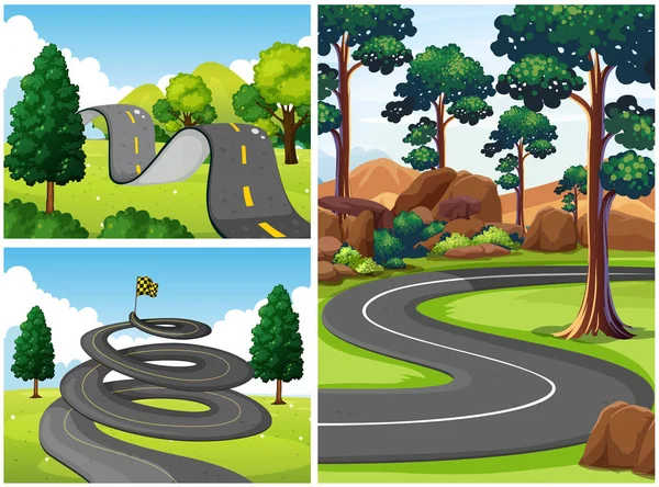 Tres escenas con caminos en el parque — Vector de stock