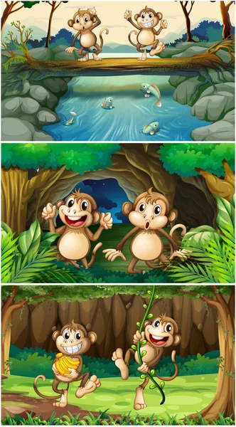 Tres escenas con monos en el bosque — Vector de stock