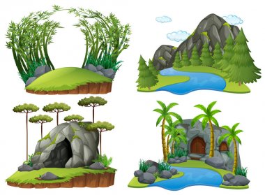 Four scenes with mountains and trees clipart