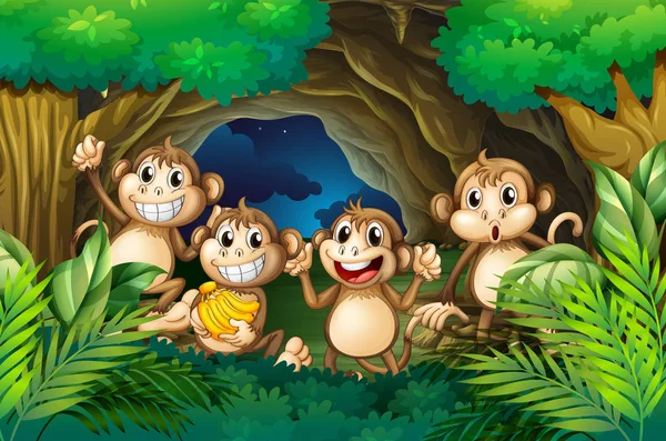 Monos felices en bosque profundo — Vector de stock