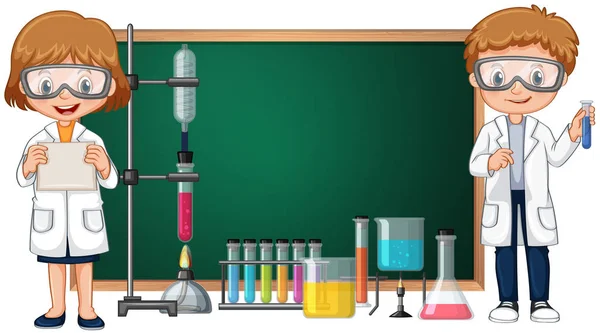 Kids doing science lab experiment with blackboard in background — Stock Vector