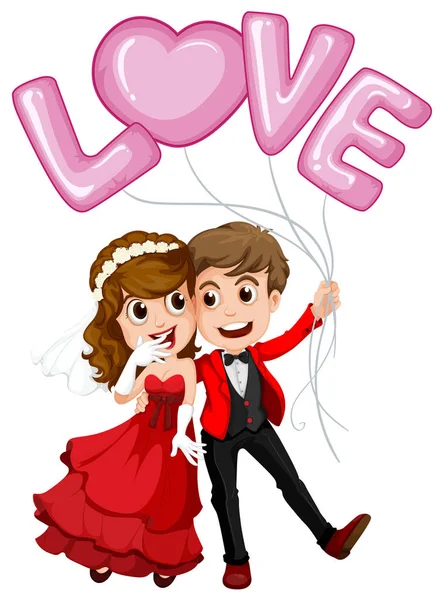 Bruiloft echtpaar en liefde ballon — Stockvector