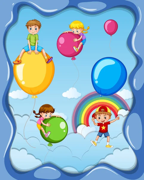 Muitas crianças e balões coloridos no céu —  Vetores de Stock