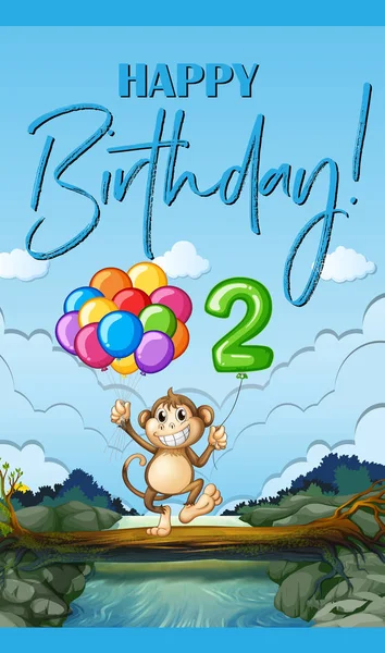 Happy birthday card with monkey and balloon for two year old — Stock Vector