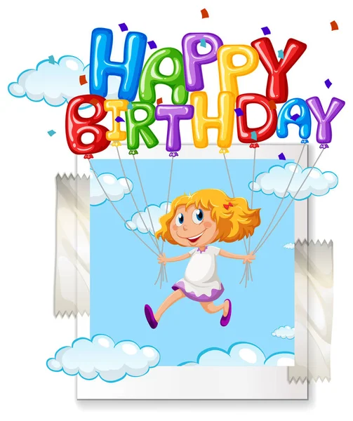 Girl with happy birthday balloon on photoframe — Stock Vector