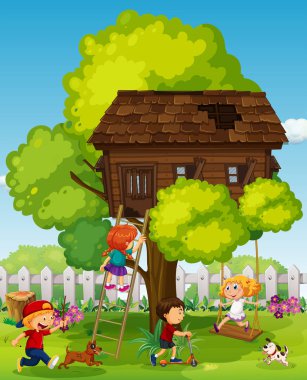 Çocuklar treehouse içinde oyun