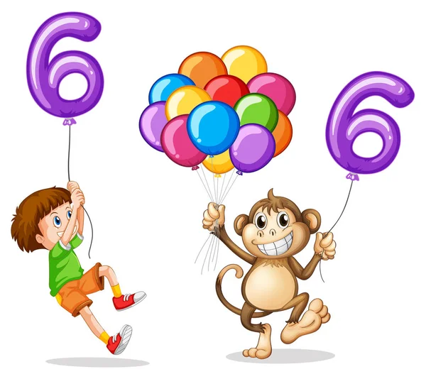 Αγόρι και μαϊμού με μπαλόνι αριθμός έξι — Διανυσματικό Αρχείο