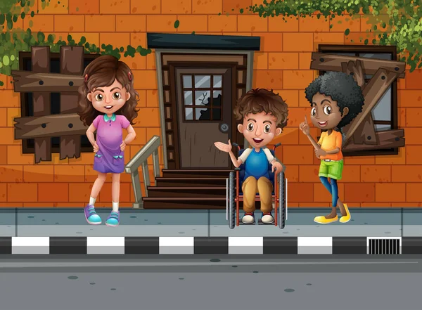 Tres niños pasando el rato en la calle — Vector de stock