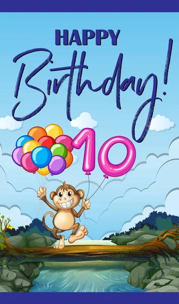 Doğum günü kartı ile maymun ve balon sayısı on — Stok Vektör