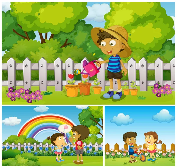 Niños felices haciendo actividades en el parque — Vector de stock