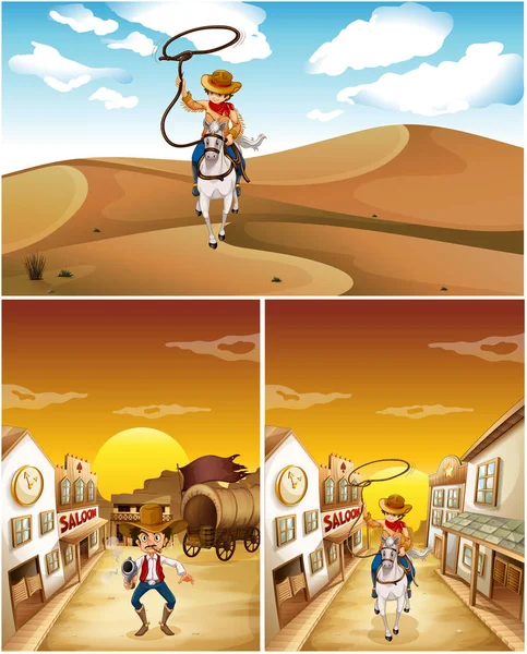 Cowboys in three different scenes — Stock Vector