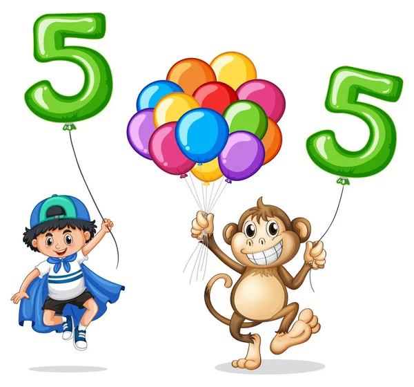 Boy and monkey with balloon number five — Stock Vector